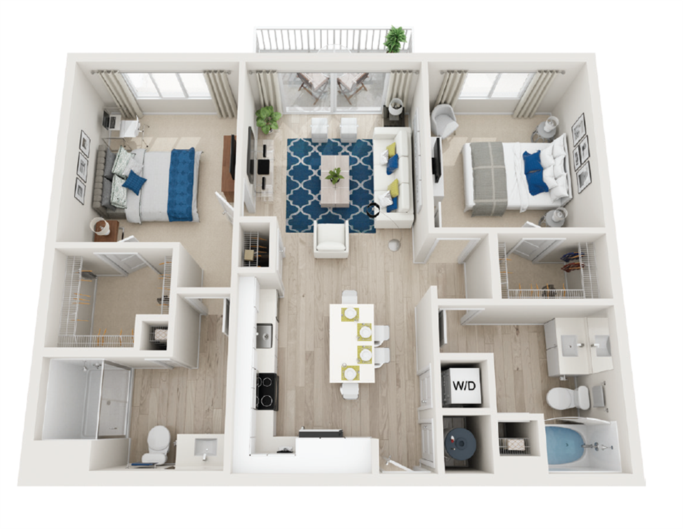 B2-2BR-2BA-1037-1060sf floor plan