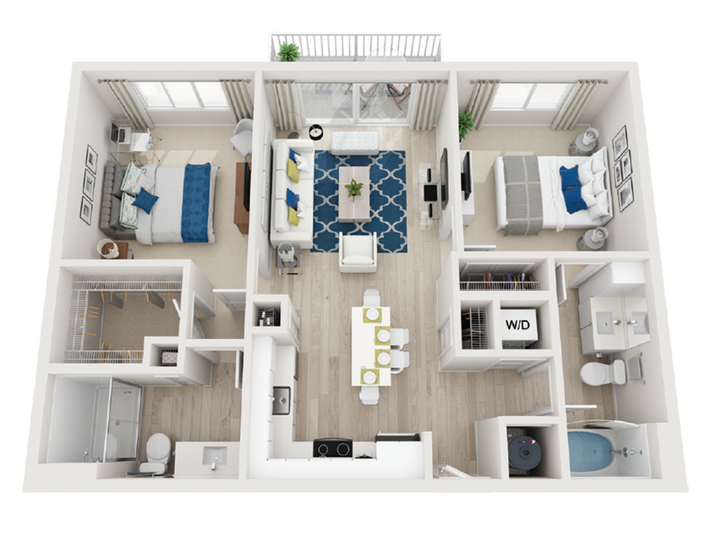 B1-2BR-2BA-966sf floor plan